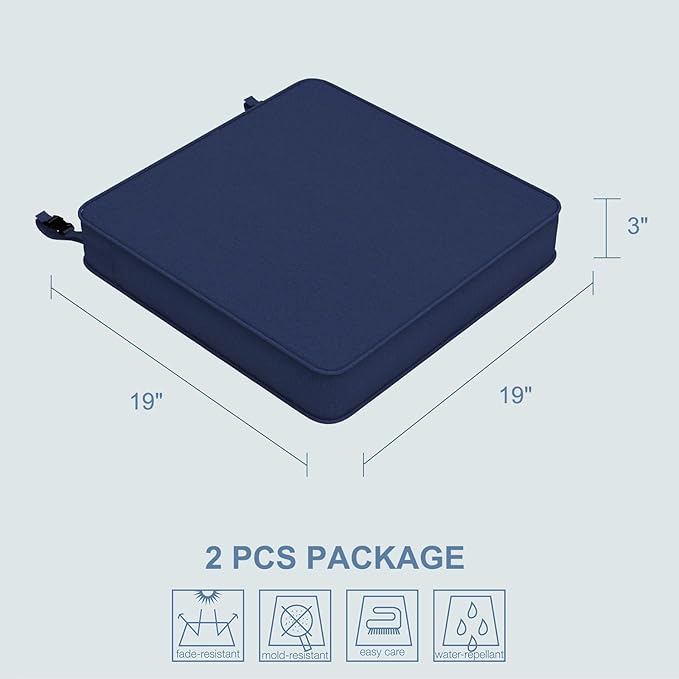 LVTXIII Patio Chair Cushions 19"x19"x3", Water-Repellent Outdoor Seat Cushions for Patio Furniture, Square Chair Pads with Ties for Home Garden Decoration, Set of 2, Navy Blue-VerdiqueGarden