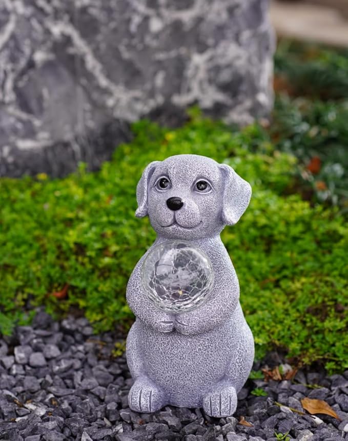 Solar Dog Garden Statues - 8.4 "Dog Decor with Gazing Ball Solar LED Lights, Unique Gifts for Mom Grandma Birthdays, Outdoor Decor for Outside Lawn Porch Patio (Gray)-VerdiqueGarden