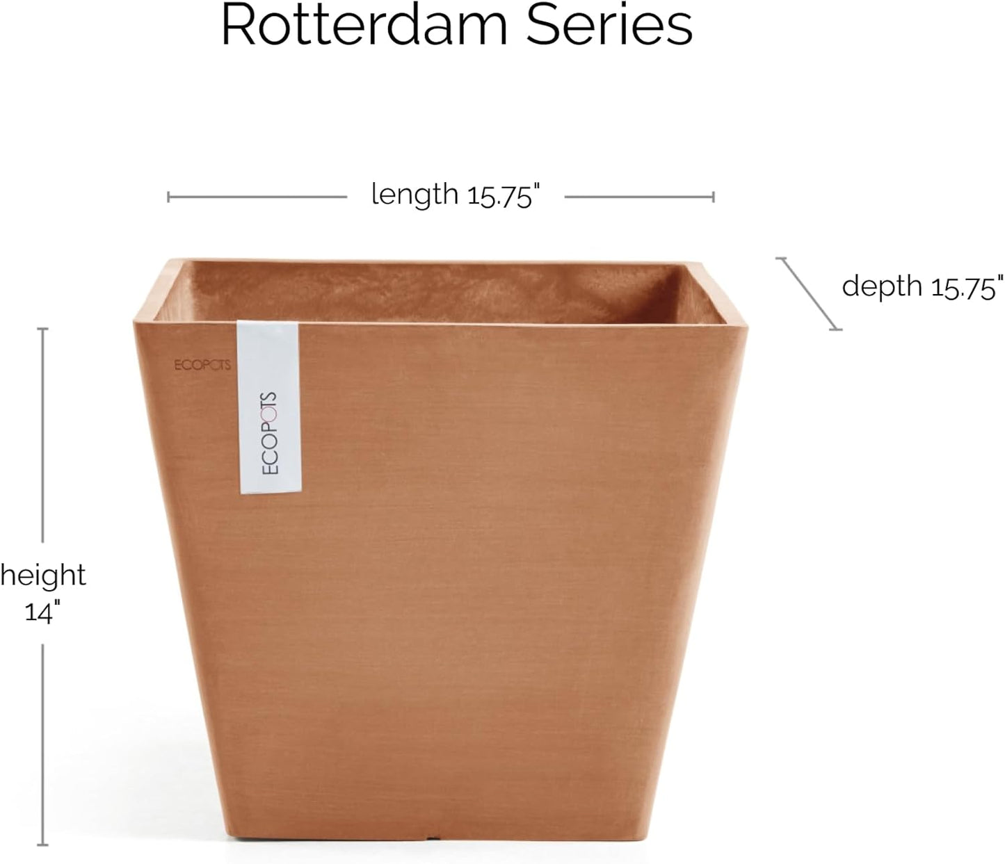 Ecopots Rotterdam Durable Modern Square Indoor/Outdoor Recycled-Based Composite Flower Planter, Terracotta Color, 15.75"-VerdiqueGarden