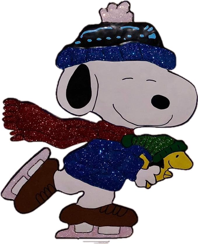 Peanuts Gang Around The Tree Christmas Yard Art Outdoor Christmas Decor Hammered Metal (18'' Peanuts Snoopy Ice Skating with Woodstock), Multicolor, 18'' wide x 32'' high-VerdiqueGarden