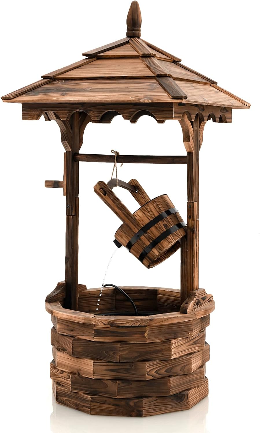 Giantex Rustic Wishing Well Fountain, Outdoor Wooden Water Fountain with Electric Pump, 5 Adjustable Water Flow Rates, Water Bucket, Freestanding Decorative Wishing Well for Backyard Patio Garden-VerdiqueGarden