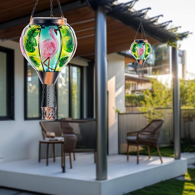 Starsoul 2 PC Flamingo Hot Air Balloon Solar Lantern with Flame Glass Outdoor Hanging Hot Air Balloon Solar Light Waterproof Garden Patio Yard Party Decorations-VerdiqueGarden