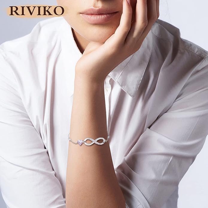 RIVIKO Infinity Love Heart Symbol Charm Bracelet for Women 925 Sterling Silver Adjustable Birthday Valentine’s Day Christmas Mothers Day Jewelry Gift for Mom Women Wife Her Friends