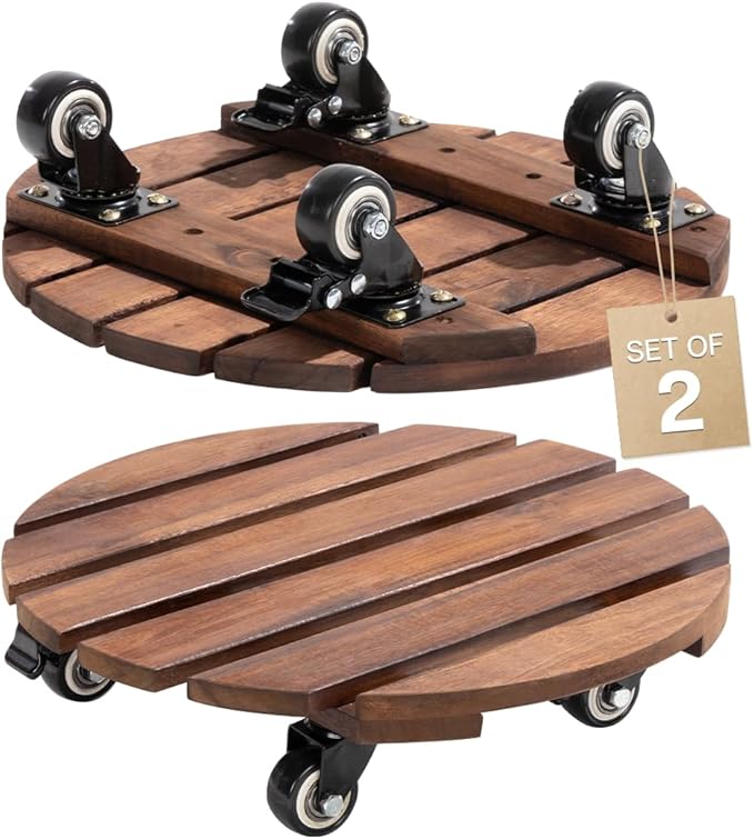 Idzo 2-Pack 14 Inch Acacia Wood Plant Caddy with Wheels – Heavy-Duty Plant Dolly with 264 Lbs Capacity, 360° Lockable Wheels for Large Plant Pots, Heavy Objects, Ideal for Indoor and Outdoor Use-VerdiqueGarden