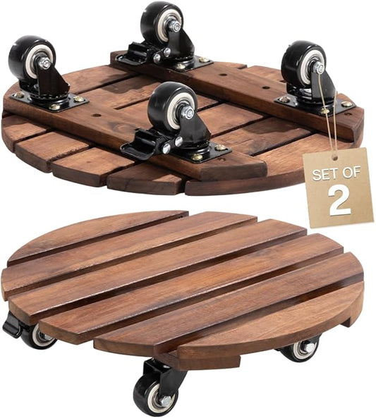 Idzo 2-Pack 14 Inch Acacia Wood Plant Caddy with Wheels – Heavy-Duty Plant Dolly with 264 Lbs Capacity, 360° Lockable Wheels for Large Plant Pots, Heavy Objects, Ideal for Indoor and Outdoor Use-VerdiqueGarden