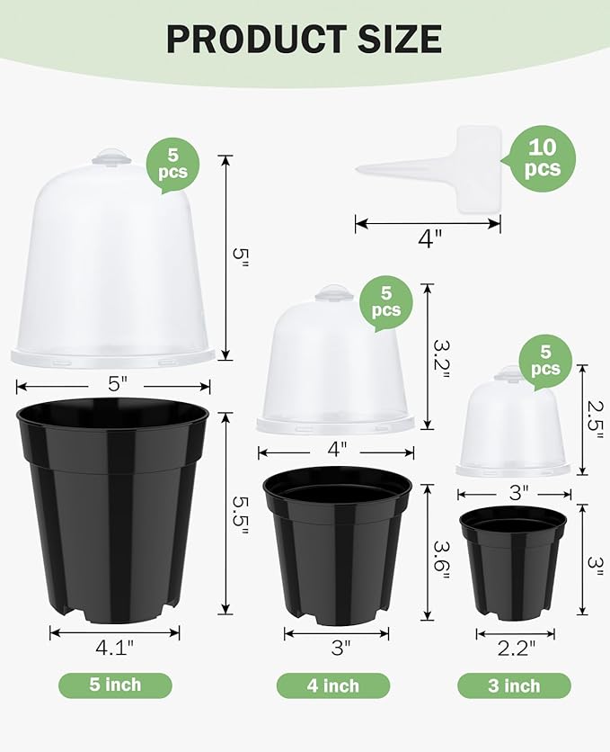 homenote Nursery Pots for Plants,3/4/5 Inch Plant Pot for Planting with Humidity Domes Plastic Seedling with Drainage Holes Seed Starter Flower with 10 Labels Black (15 Pack)-VerdiqueGarden