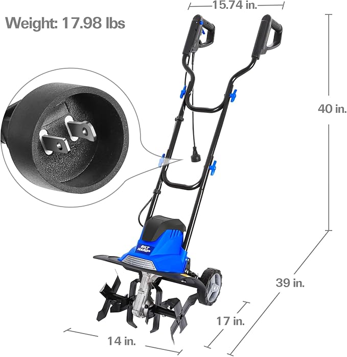 BILT HARD 14" 10Amp Electric Garden Tiller | 4 Steel Tines Tiller Cultivator with Foldable Handle & Adjustable Wheels for Soil Cultivation, Weeding, Portable Gardening-VerdiqueGarden
