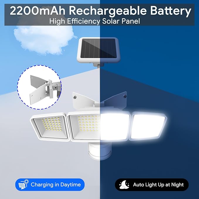Energetic Solar Outdoor Lights, 1800LM 192 LED Security Motion Sensor Outdoor Lights with Remote Control, IP65 Waterproof Floodlight, 3 Head Motion Detected Spotlight for Garage, Pack of 2 (White)-VerdiqueGarden