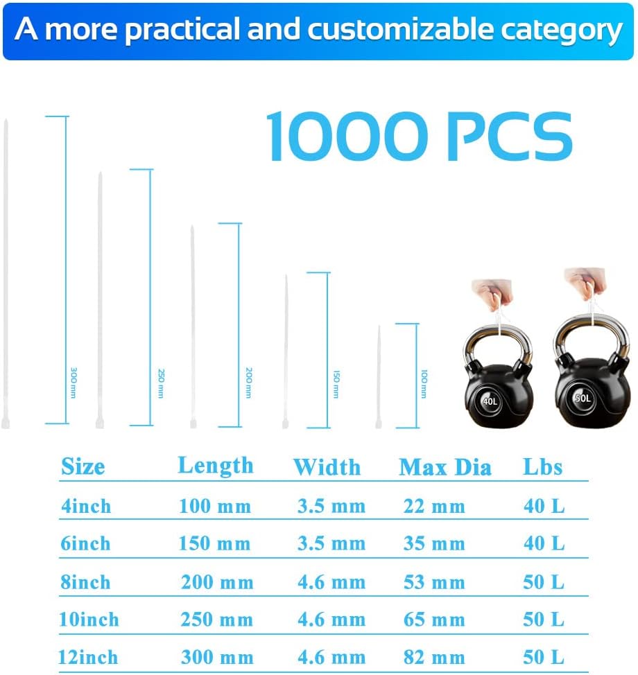 1000pcs 12Inch Nylon Zip Ties, 50 Pounds Tensile Strength,White Cable Tie,Industrial Grade,UV Resistant,Heavy Duty,for Home,Garden Trellis,Office,Garage and Workshop-VerdiqueGarden