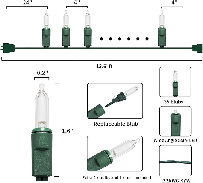 MULTI-SPARKING White LED Christmas Lights - 35 Count Warm White Christmas String Lights for Small Tree, Crafts, Holiday, Indoor/Outdoor Decorations, 11 Feet Green Wire, UL Certified, Connectable-VerdiqueGarden