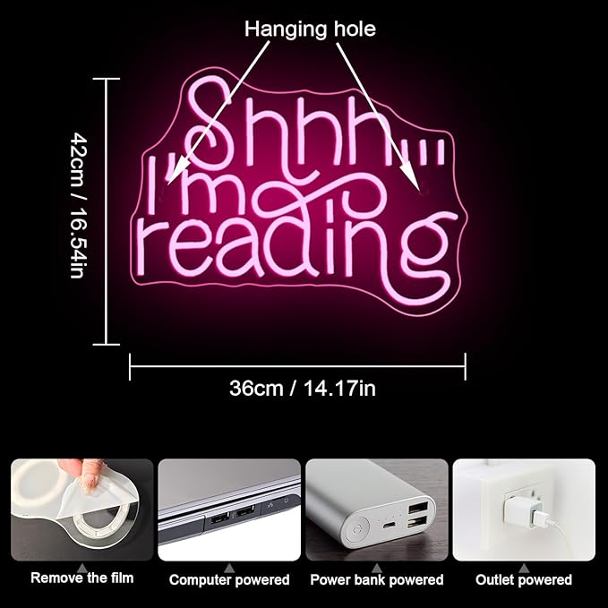 WLHOPE Shhh Im Reading Neon Sign Neon Signs for Wall Decor Dimmable Read Books Neon Lights LED Sign for Book Lovers Gifts Bedroom Bookstore Reading Room Library Study Room Decoration-VerdiqueGarden