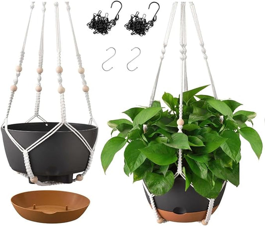 10 Inch Hanging Planters for Indoor & Outdoor Use (2 Pack) - Self-Watering & Drainage Flower Pots with Chain & Macrame Hangers (Deep Gray, 10 in)-VerdiqueGarden