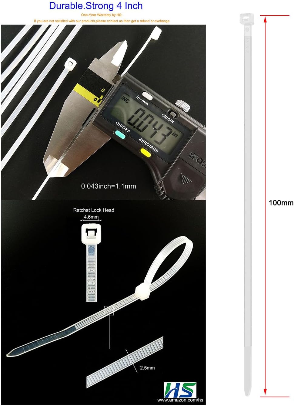 HS 1000 Pack Mini Zip Ties Clear Plastic Ties 4 Inch Bulk 4" White Cable Ties 18 Lb for Bag Tags,Electric,Lights,Party Decorate-VerdiqueGarden