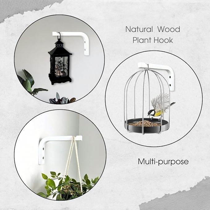 2-Piece Set of Plant Hooks for Wall 6 inch - Mounted Wooden Plant Hook - Indoor and Outdoor Bracket Plant Hanger for Planters, Lanterns, Bird Feeders, Patio Decorations (White)-VerdiqueGarden