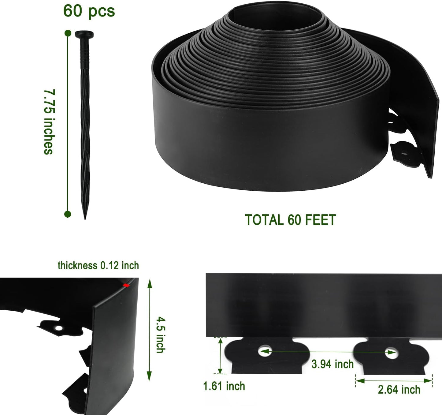 Hugeleaf 4.5 Inch Tall Landscape Edging 60 Feet Garden Edging with 60 Spikes, Plastic Landscape Border Edging for Landscaping Lawn, Flower Beds(Black)-VerdiqueGarden
