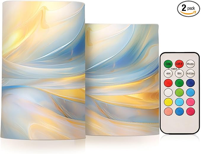 Flickering Flameless Candles, Blue Gold Marble LED Candles with Remote Timer, Set of 2 Battery Operated Candle for Valentine Wedding Birthday-VerdiqueGarden