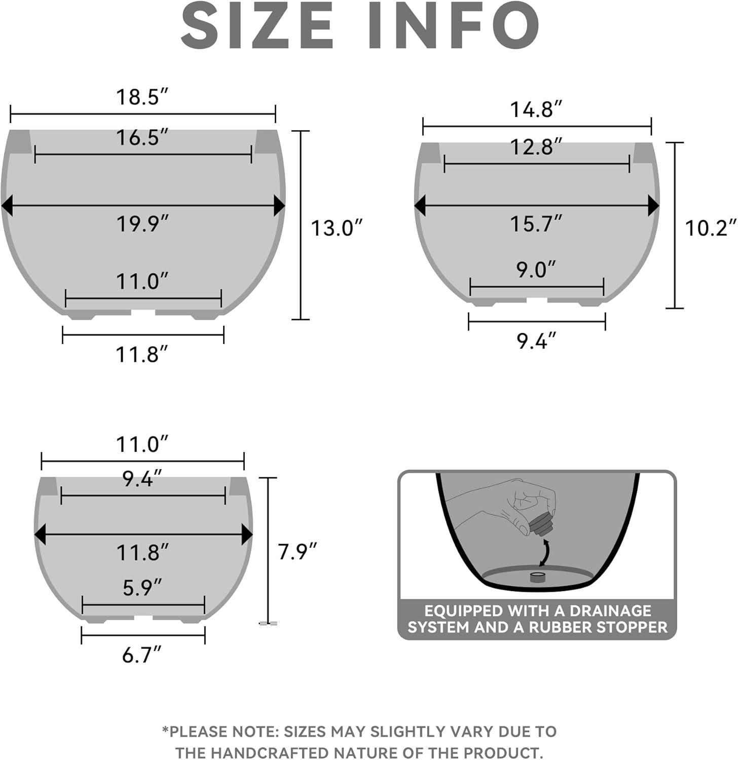Kante 19.9",15.7",11.8" Dia Round Concrete Planter Set of 3, Outdoor/Indoor Large Bowl Plant Pots with Drainage Hole and Rubber Plug for Garden Patio Balcony Home, Weathered Concrete-VerdiqueGarden