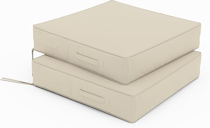 Patio Chair Cushions 24 X 24 X 5 Inch Waterproof Outdoor Seat Cushions for Patio Furniture, Outdoor Sofa Couch Pads with Ties & Handle, Set of 2, Cream-VerdiqueGarden