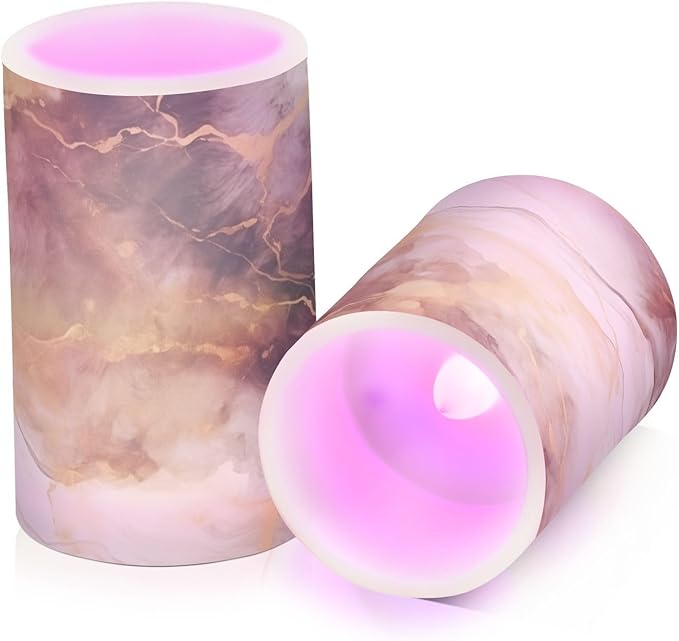 Flickering Flameless Candles, Brown White Marble LED Candles with Remote Timer, Set of 2 Battery Operated Candle for Valentine Wedding Birthday-VerdiqueGarden