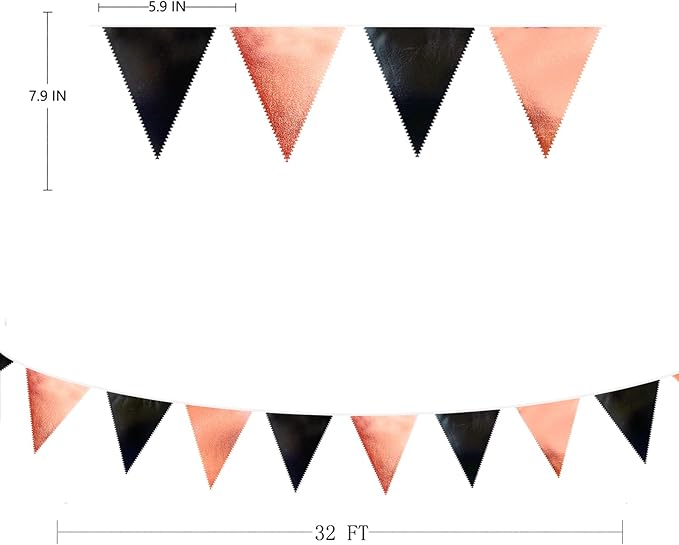 Black Rose Gold Party Decorations Triangle Pennant Banner Flag Rose Gold Black Metallic Fabric Bunting Garland for Graduation Birthday Wedding Engagement Bachelorette Celebration Hen Party Supplies-VerdiqueGarden