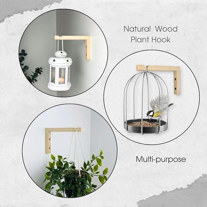2-Piece Set of Plant Hooks for Wall 6 Inch - L-Shaped Mounted Wooden Plant Hook - Indoor and Outdoor Bracket Plant Hanger for Planters, Lanterns, Bird Feeders and Plant Basket (Natural)-VerdiqueGarden