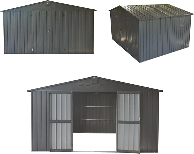 Domi Backyard Storage Shed 11’ x 12.5’ with Galvanized Steel Frame & Windows, Outdoor Garden Shed Metal Utility Tool Storage Room with Lockable Door for Patio(Dark Gray)-VerdiqueGarden