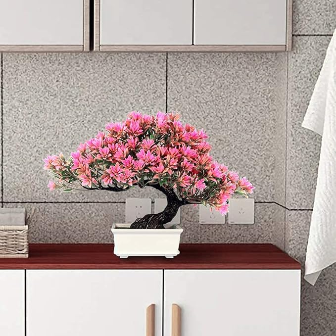 Fake Plants Plastic Artificial Bonsai Tree, Pink Room Decor Bonsai Tree for Home Bedroom Farmhouse Office Desk Decor, Tall 9.5"-VerdiqueGarden