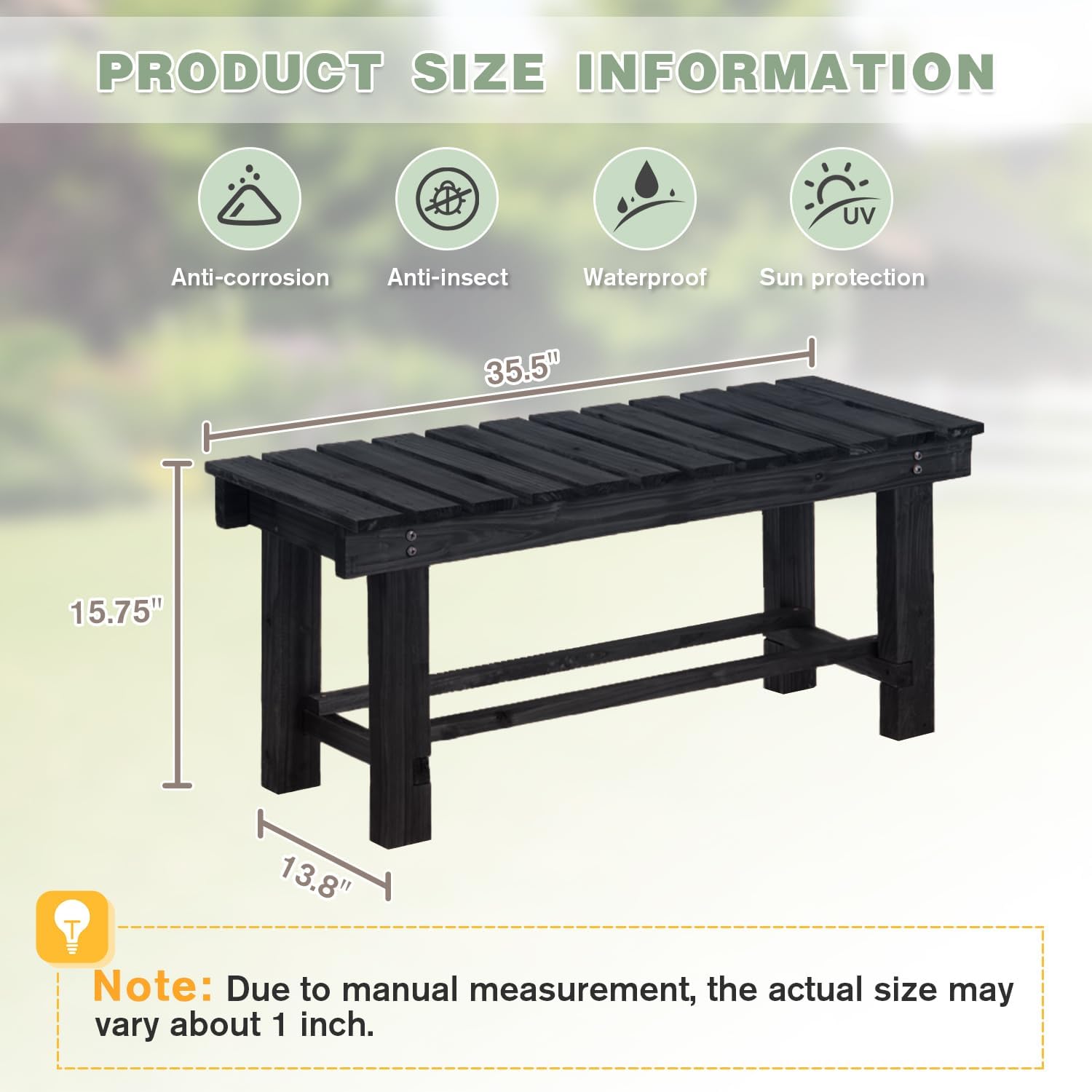 Outdoor Garden Bench, 2-Person Wood Patio Bench Weatherproof Outdoor Backless Bench, Anti-Corrosion and Anti-Rust Garden Benches for Garden Lawn Porch Park Backyard (Black,35.5''/90cm)-VerdiqueGarden