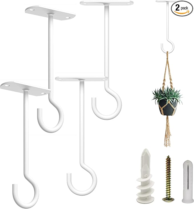 NACETURE Ceiling Hooks for Hanging Plants 4 Pack - Square Wall Mount Plant Hanger Indoor Hanging Hooks Metal Plant Bracket Iron Lanterns Hangers for Wind Chimes, Planters (5" White 4 Pack)-VerdiqueGarden