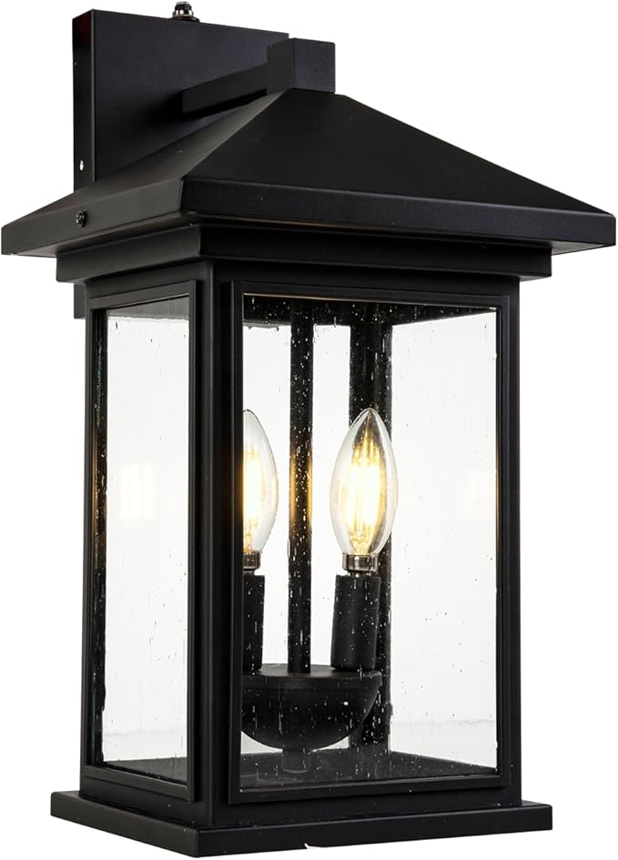 Dusk to Dawn Outdoor Wall Lantern, Exterior Wall Sconce Fixture with Tempered Clear Seeded Glass, Matte Black Finish for Outdoors (Large Wall Mount)-VerdiqueGarden