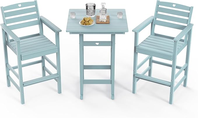 3-Piece Bar Height Outdoor Table and Chairs Set, HDPE Wood Grain Patio Bar Table and Chairs with Heart Cutout Design, Weather-Resistant Bar Height Furniture for Deck, Porch, Pool (Light Blue)-VerdiqueGarden