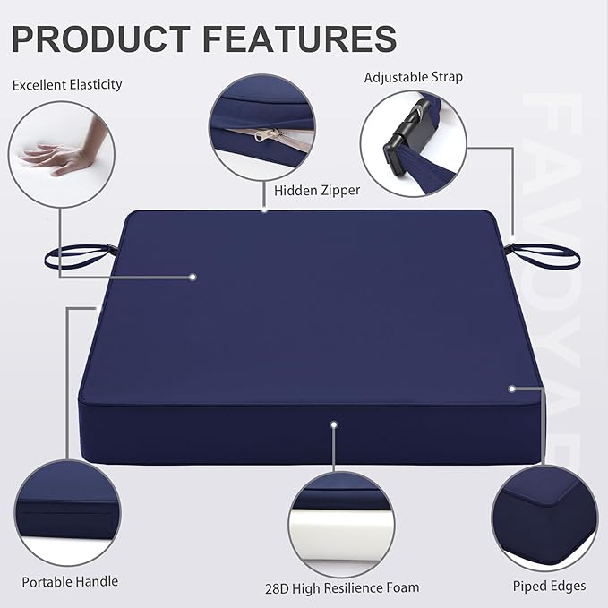 Favoyard Patio Chair Cushions 18.5 x 16 x 3 Inch Waterproof Outdoor Seat Cushions for Patio Furniture 3-Year Color Fastness Garden Sofa Couch Pads with Handle & Adjustable Straps Set of 2, Blue-VerdiqueGarden