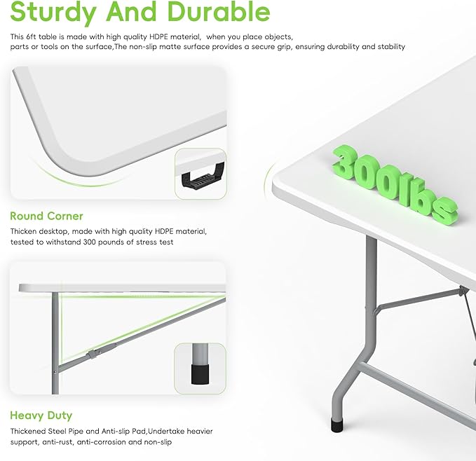 HLPB Folding Table Picnic Table Set, 6 ft Camping Table with 2 Benches, Outdoor Indoor Portable Folding Furniture for Working Meeting Party, Camping, Picnic, Weddings w/Handle and Safety Locks, White-VerdiqueGarden