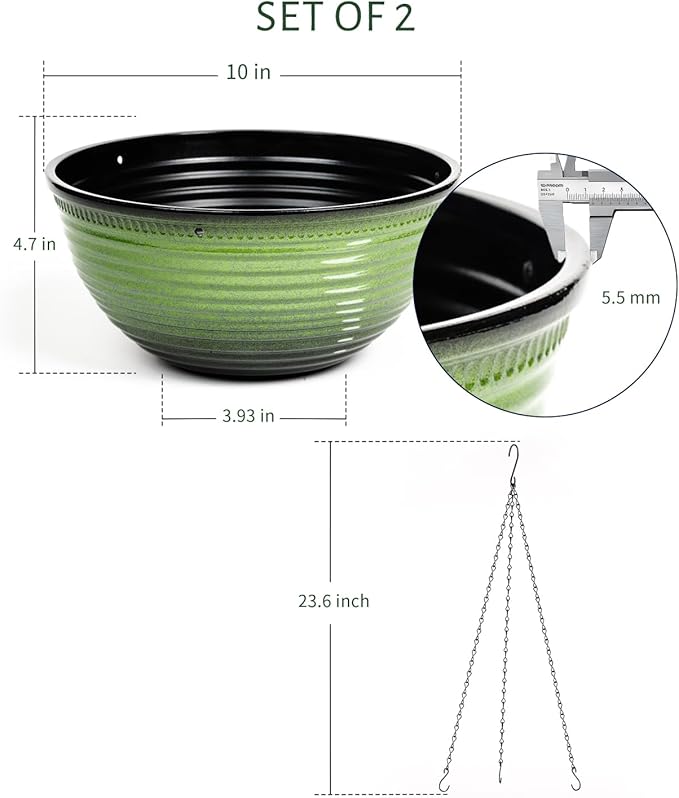 10 Inch Hanging Planter, 2 Pack Hanging Planters for Indoor Outdoor Plants Self Watering Hanging Pots with Drainage Holes for Garden Home (Green)-VerdiqueGarden