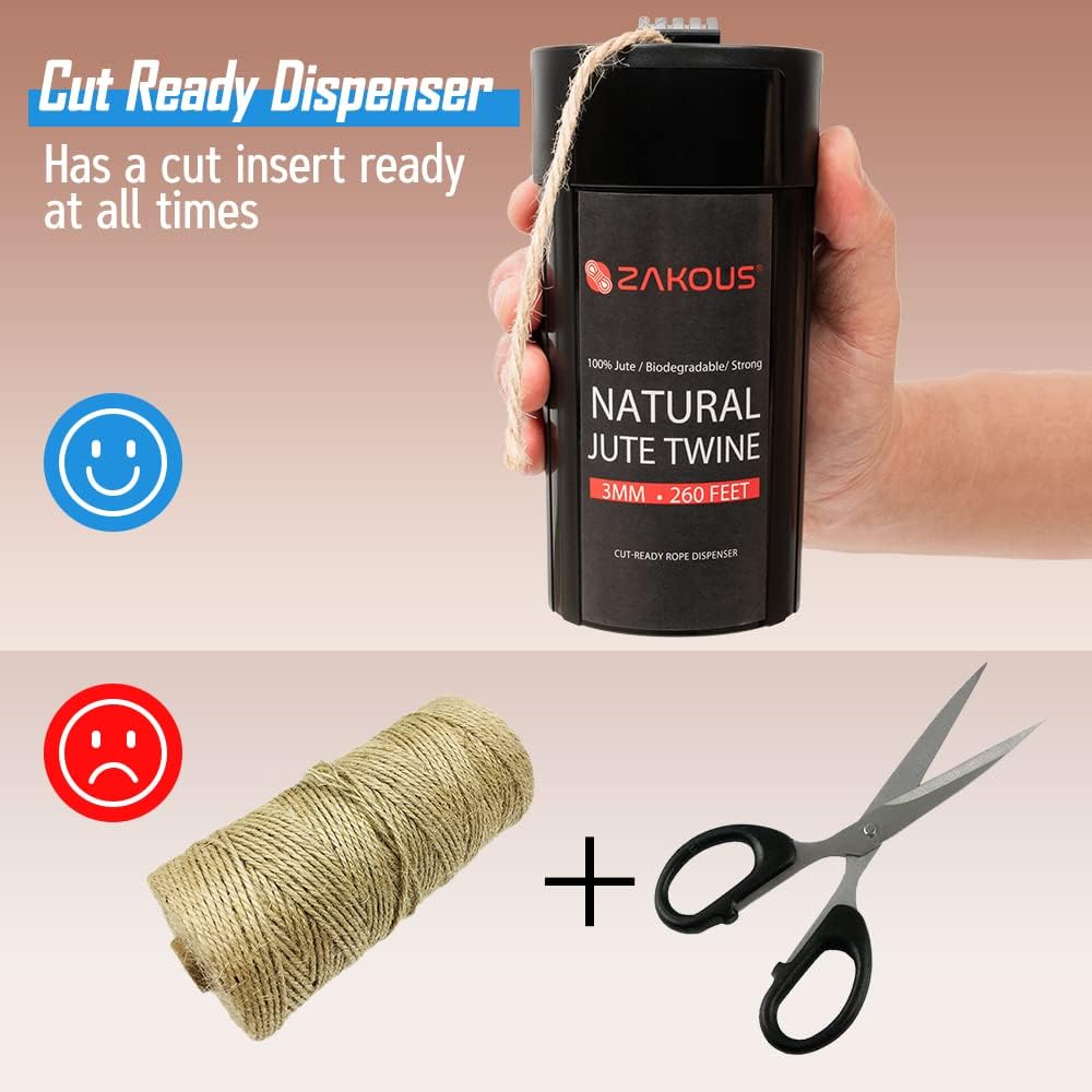 Cut-Ready Rope Canister with 260 Feet Non-Tangle Natural Jute Twine, 3MM Strong Twine String for Crafts, Gift Wrapping, Packing, Gardening and Wedding Decor(3mm x 260ft)-VerdiqueGarden