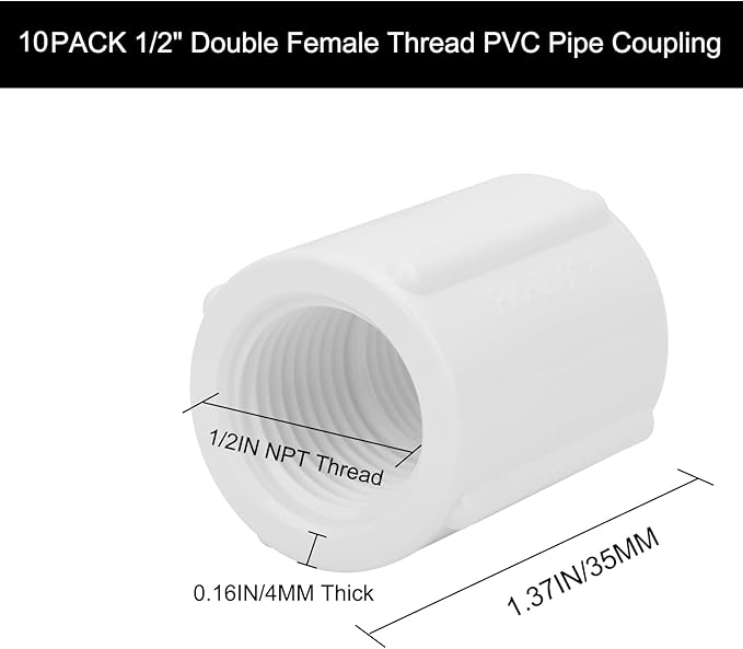 10Pack 1/2" Double Female Thread PVC Pipe Coupling Adapter Pipe Fitting Connector SCH40 1/2Inch Female to Female Threaded PVC Coupling Pipe Fitting for Sprinkler,Irrigation,Swimming Pools-VerdiqueGarden