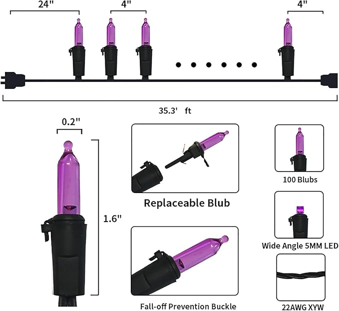 Purple Halloween LED Lights - 2 Pack 100 Count Purple Christmas String Lights for Tree, Party, Holiday, Indoor/Outdoor Halloween Decorations, 2 Sets 33 Feet Black Wire, UL Certified, Connectable-VerdiqueGarden