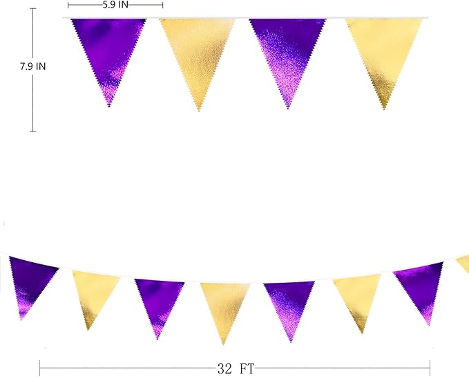 Purple and Gold Party Decorations Metallic Fabric Triangle Pennant Banner Flag Bunting Garland for Graduations Birthday Retirement Wedding Baby Shower Bachelorette Halloween Outdoor Party Supplies-VerdiqueGarden