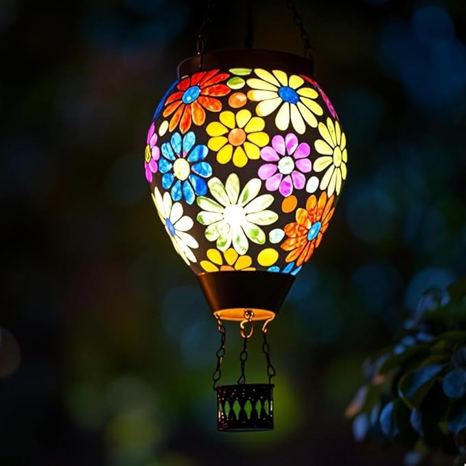 Starsoul Mosaic Flowers Hot Air Balloon Solar Lantern Glass Outdoor Hanging Hot Air Balloon Solar Flickering Flame Light Waterproof Garden Patio Yard Party Decorations-VerdiqueGarden