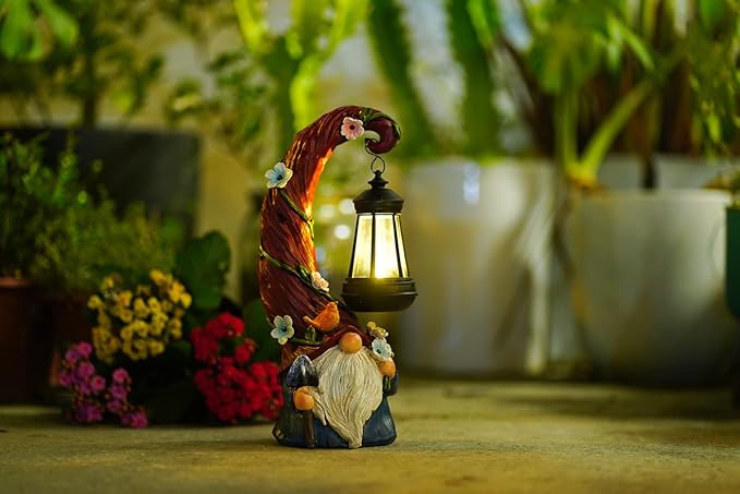 Gnome Garden Decor Statue Solar Gnomes Decorations for Yard with Lantern Light Outdoor Decorations for Patio Mom Gift-VerdiqueGarden