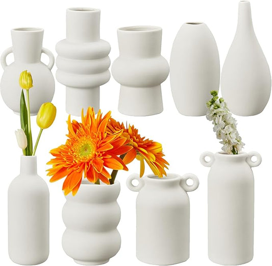 Ceramic Vase for Decor, White Boho Ceramic Vase in Bulk Small Boho Vases Set for Home Modern Minimalist Farmhouse Decoration White Bud Vases for Shelf Decor, Table, Bookshelf (Set of 9)-VerdiqueGarden