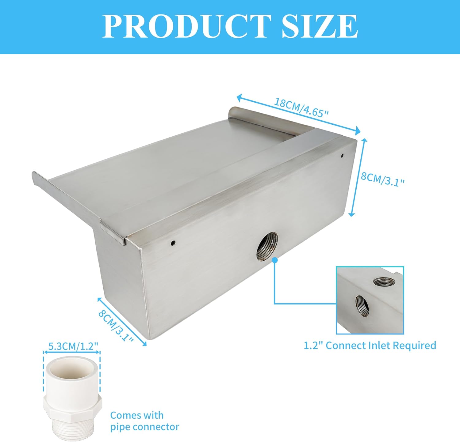 12 Inch Pool Fountain 304 Stainless Steel Waterfall Spillway with Pipe Connector Kits, Wider Water Flow Sheer Descent Platform Water Feature Fountain for Swimming Pool, Outdoor Garden Decor-VerdiqueGarden