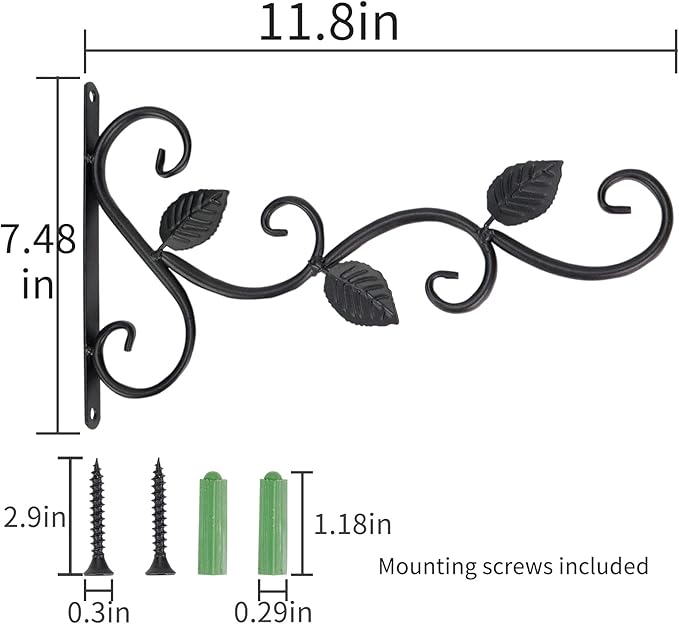 3 Leaves Style Metal Hanging Plant Brackets 12 inches x 7.5 inches, Pack of 2, Wall Mount Plant Hangers, Planter Hooks for Flower Baskets, Bird Feeders in Corridor/Patio/Porch/Garden-VerdiqueGarden