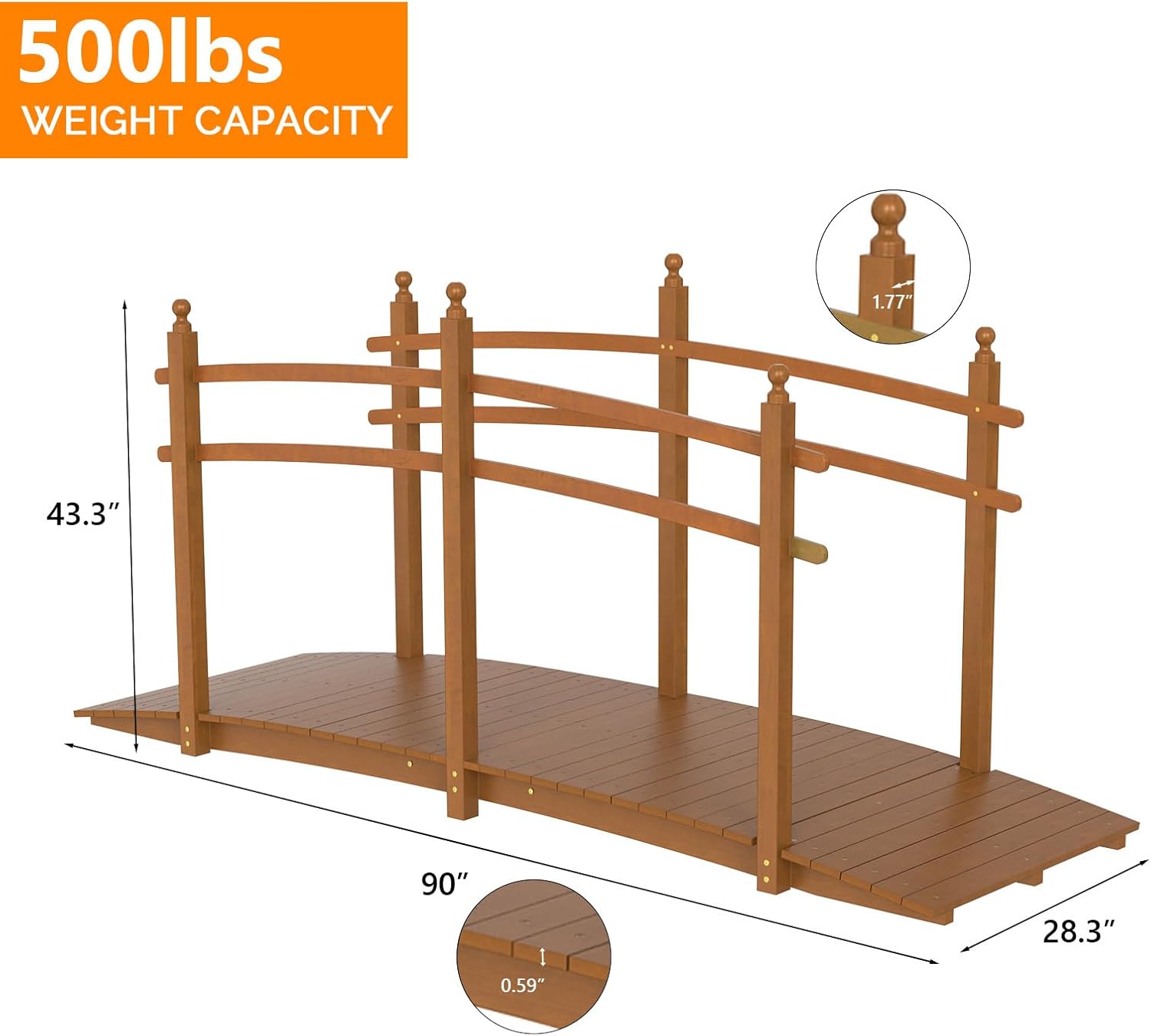 VINGLI Garden Bridge, Classic Wooden Arch with Safety Rails Footbridge (Brown, 7.5 ft)-VerdiqueGarden