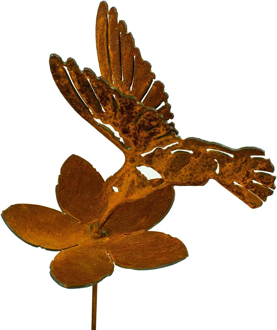 Hummingbird and Flower Garden Stake | Steel Construction with Real Rust Finish | Made in USA-VerdiqueGarden
