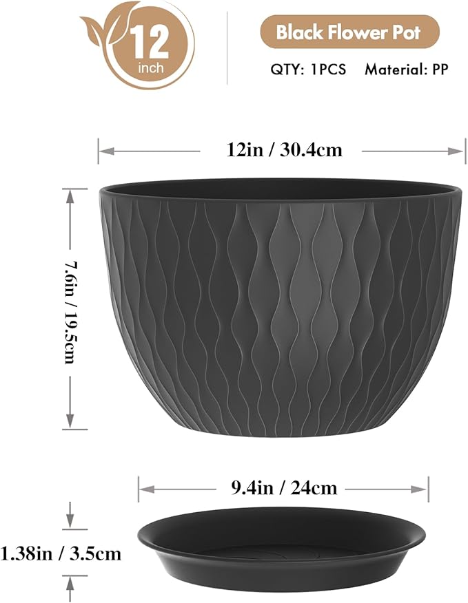 12 Inch Large Plant Pots for Indoor or Outdoor Plants, Wide Water Ripples Flower Pots with Drainage Holes & Saucer, Plastic Planters Set for Garden & Home Decor (Black)-VerdiqueGarden