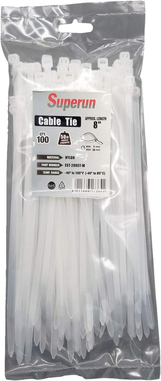 Superun Heavy Duty Zip Ties 8 Inch, 50 Lbs Tensile Strength Selflocking Wire Ties (Industrial Grade Cable Ties) Pack of 100 White-VerdiqueGarden