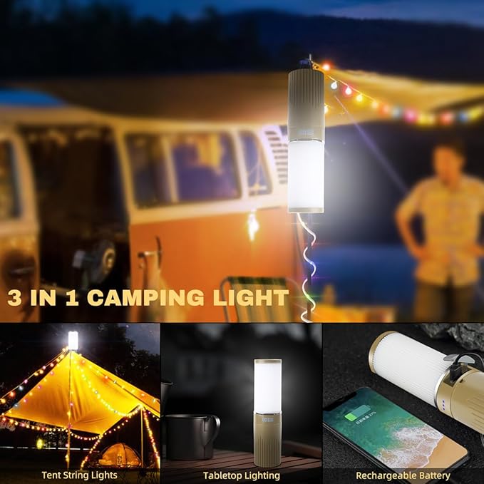 Camping Lantern with 49.2FT String, 2 in 1 Outdoor RGB String Lights with 4 Modes & 5 Modes Rechargeable Camping Lamp IPX4 Waterproof Portable LED Tent Light for Outdoor Yard Garden Decoration-VerdiqueGarden