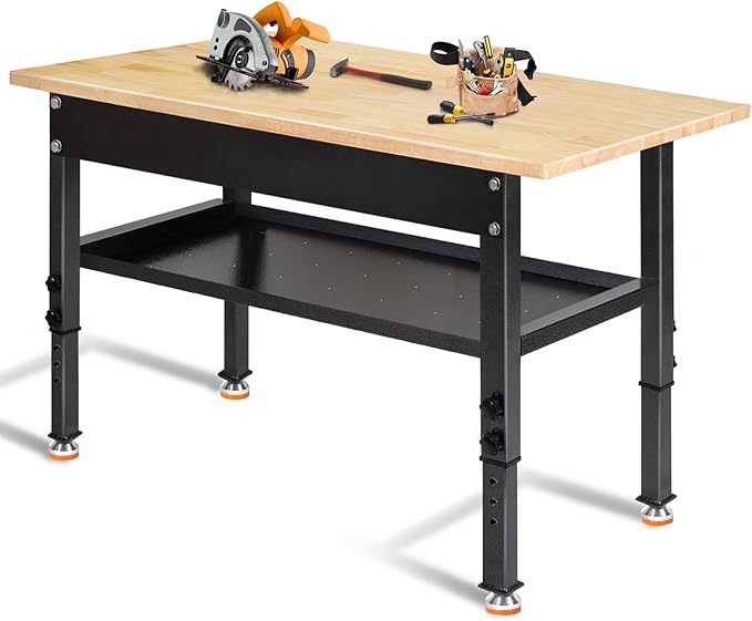 48"/60'' Adjustable Workbench, Rubber Wood Work Bench Heavy-Duty with Partition,2000 LBS Load Capacity Hardwood Work Table for Garage, Workshop, Home, Office, Easy Assembly (w/partition,48'')-VerdiqueGarden