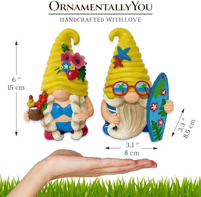 Spring & Summer-Themed Garden Statues – Adorable Outdoor Decor for Lawn, Patio & Porch (Tropical Beach Gnome Duo Figurine Set, Cute 6" Summer Decoration Garden Statue)-VerdiqueGarden